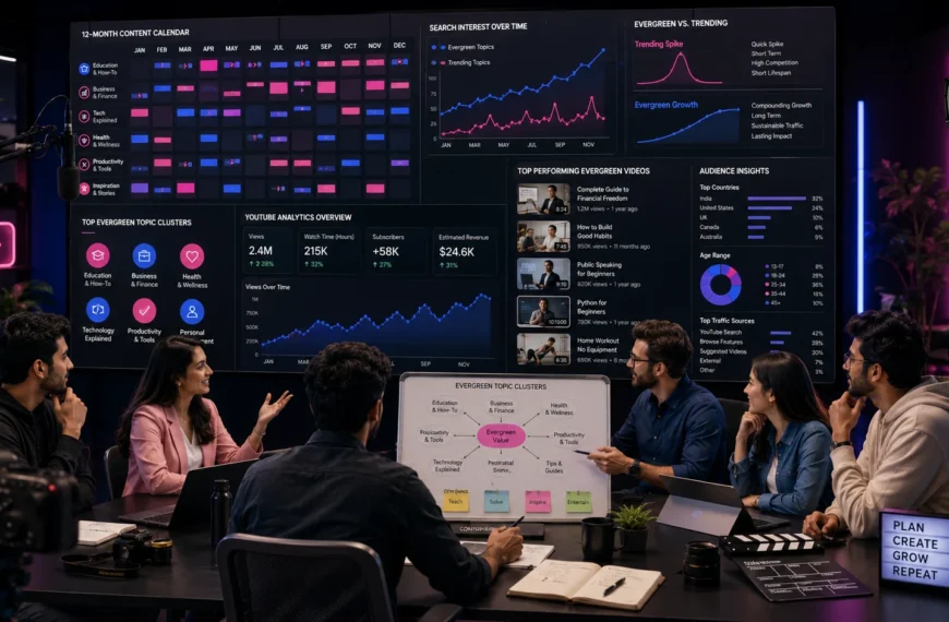 Diverse creators planning evergreen YouTube topics with search graphs, content clusters, and a 12-month calendar.