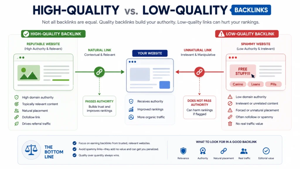 Comparison of good and bad backlinks with trust indicators.