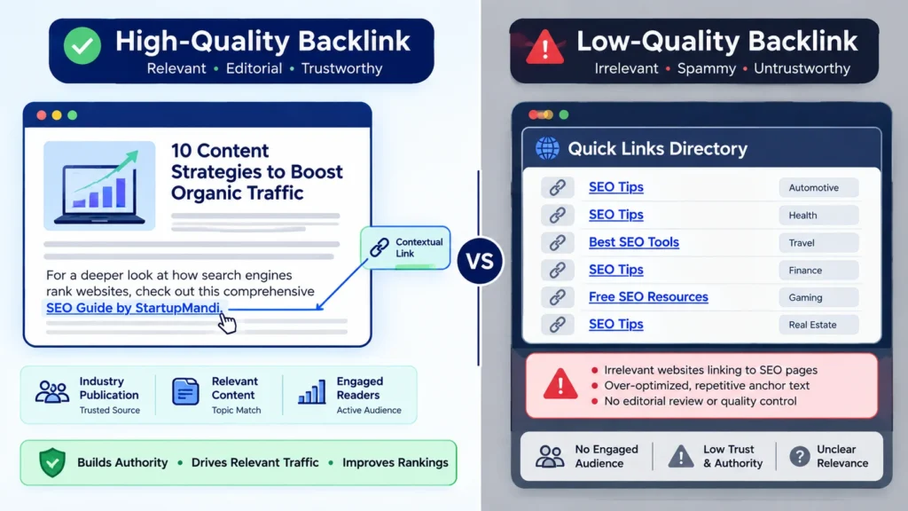 Comparison of a relevant editorial backlink and an unrelated spammy backlink.