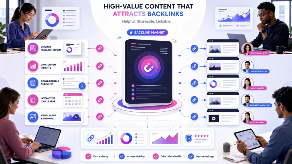 Original research, tools, and guides shown attracting editorial backlinks from relevant websites.