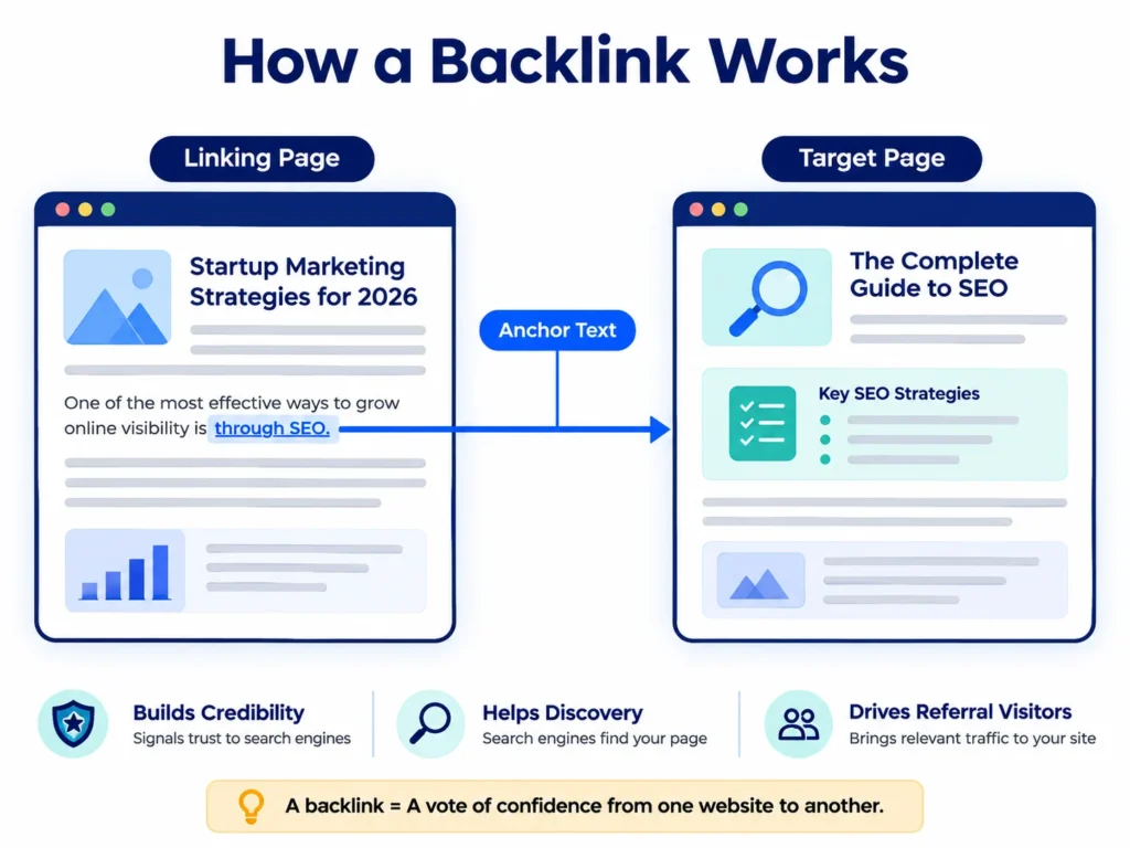 Diagram showing a contextual backlink connecting an external article to an SEO resource page.