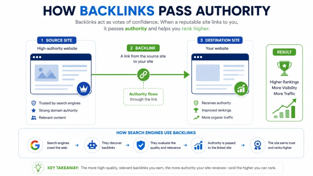 Diagram of backlinks passing authority between websites.