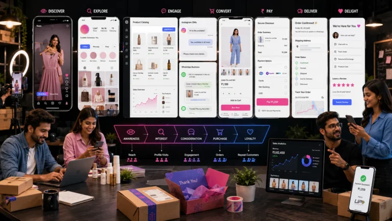 Indian ecommerce founders building an Instagram funnel from Reels and product catalogs to WhatsApp and checkout.