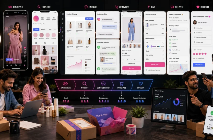 Indian ecommerce founders building an Instagram funnel from Reels and product catalogs to WhatsApp and checkout.
