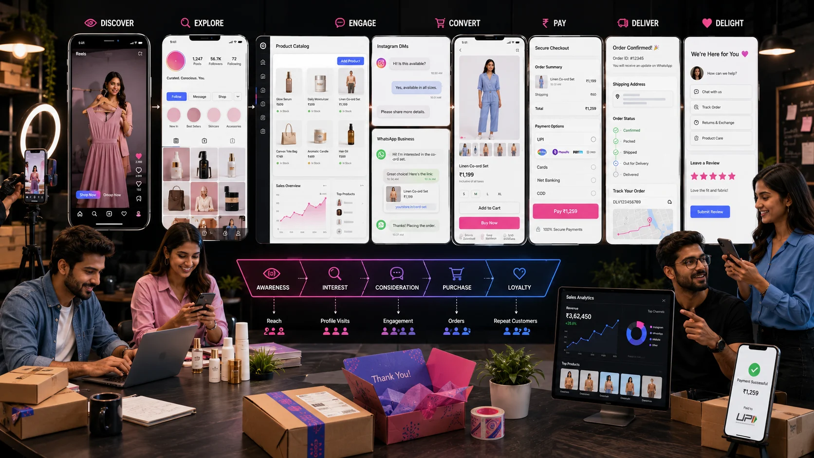 Indian ecommerce founders building an Instagram funnel from Reels and product catalogs to WhatsApp and checkout.