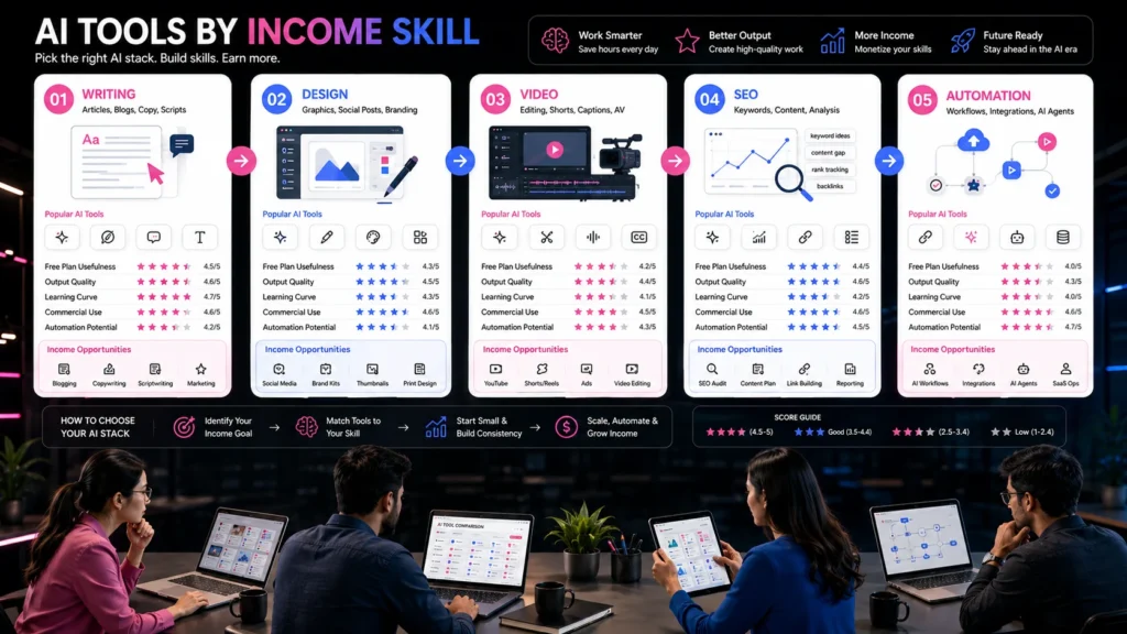 AI tool comparison matrix grouped by writing, design, video, SEO, and automation skills.