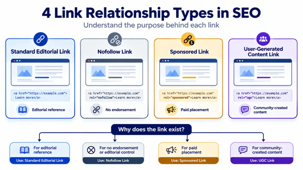 Infographic comparing standard, dofollow vs nofollow, sponsored, and UGC link attributes.