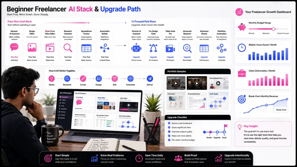 Beginner freelancer AI stack showing free tools, paid upgrades, workflows, portfolio work, and break-even planning.