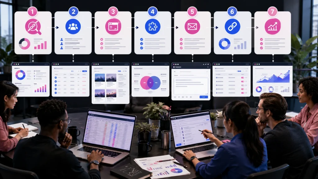 Seven-stage backlink outreach workflow from auditing and prospecting to email outreach and tracking.