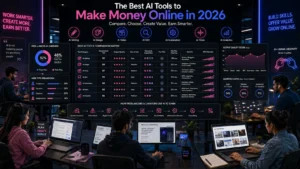 Freelancers comparing AI tools for writing, design, video, SEO, automation, and online income