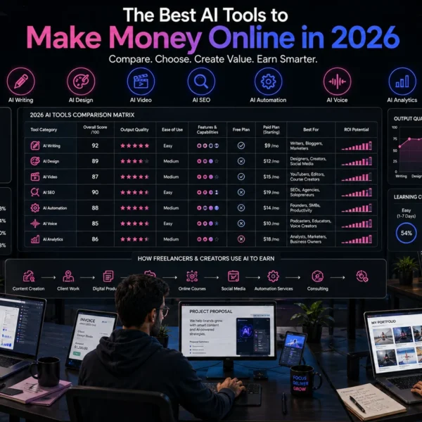 Freelancers comparing AI tools for writing, design, video, SEO, automation, and online income