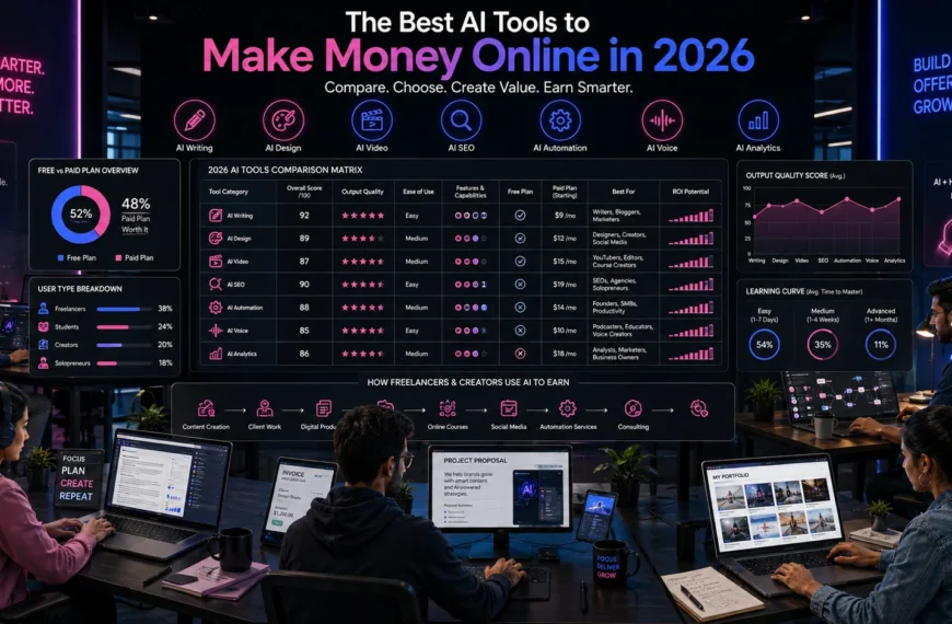 Freelancers comparing AI tools for writing, design, video, SEO, automation, and online income
