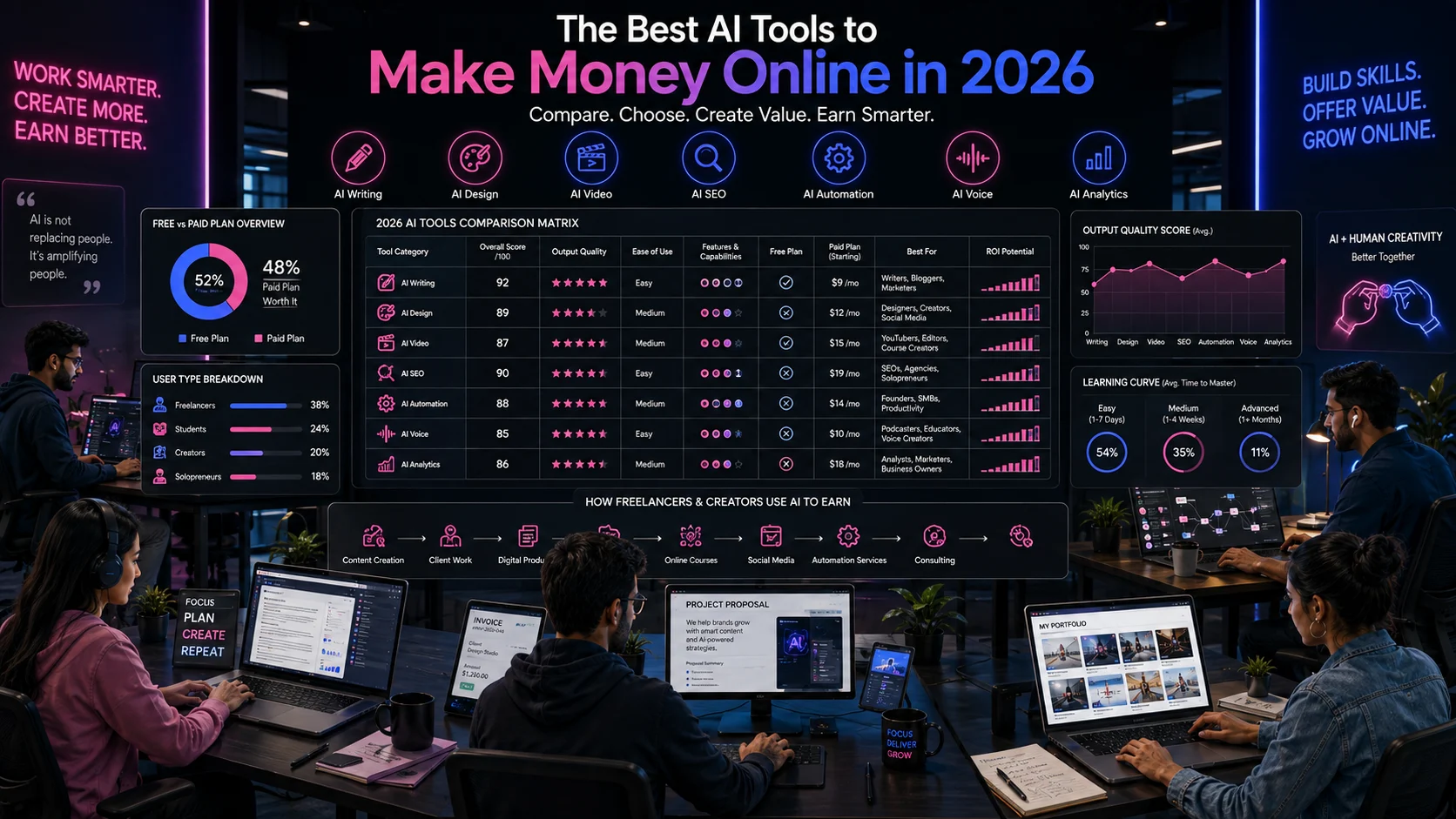Freelancers comparing AI tools for writing, design, video, SEO, automation, and online income