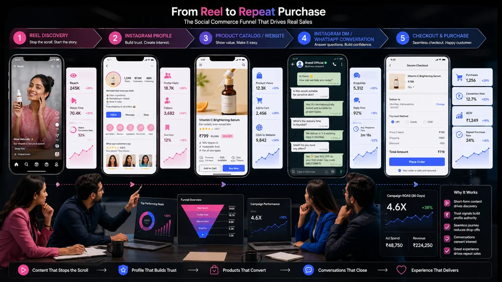 Instagram-to-purchase funnel showing Reels, profile, product page, WhatsApp conversation, and checkout.