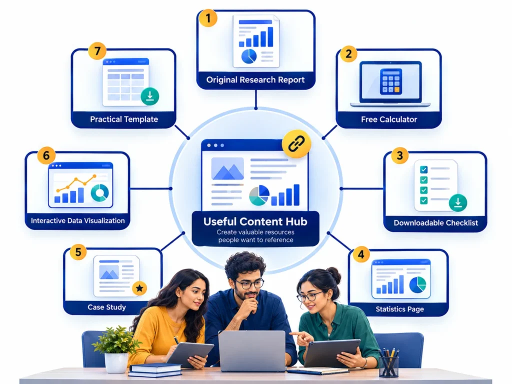 Original research, tools, templates, and charts shown as linkable SEO content assets.
