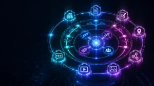 Futuristic 3D data sculpture visualizing backlink taxonomy with glowing rings and icons.
