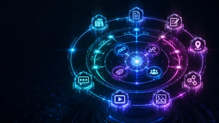 Futuristic 3D data sculpture visualizing backlink taxonomy with glowing rings and icons.
