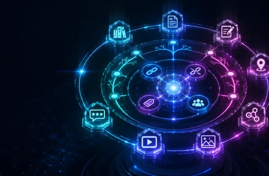 Futuristic 3D data sculpture visualizing backlink taxonomy with glowing rings and icons.