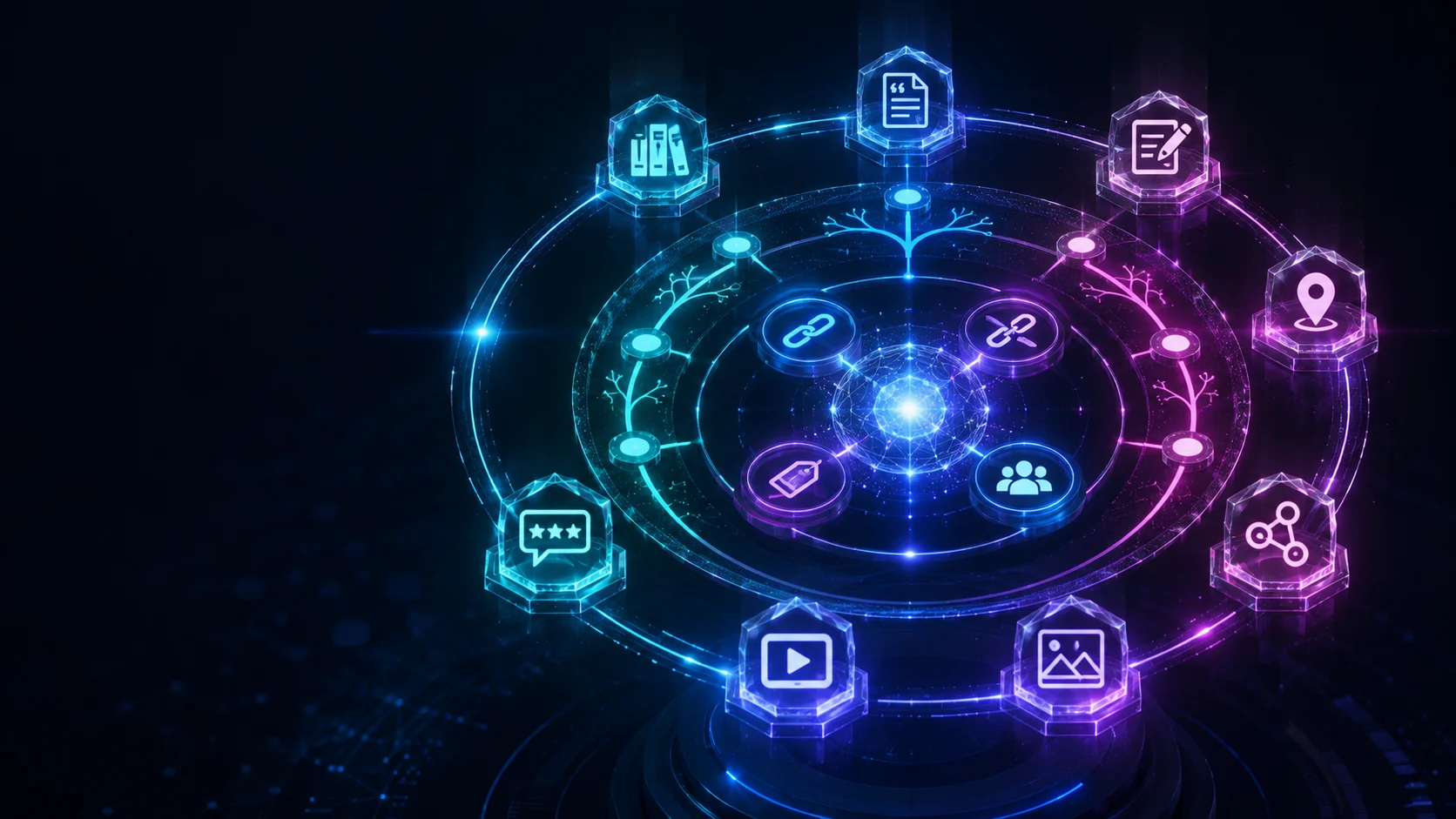 Futuristic 3D data sculpture visualizing backlink taxonomy with glowing rings and icons.