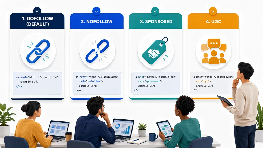 Four cards showing different types of backlinks : dofollow, nofollow, sponsored, and UGC link attributes.