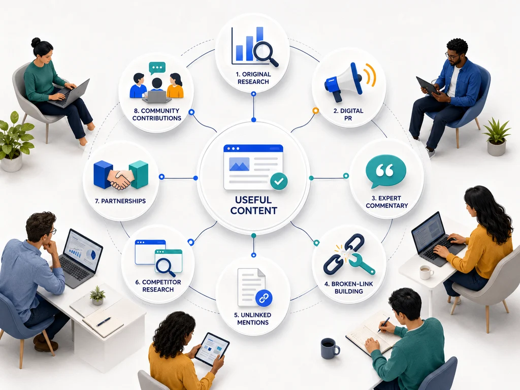 Circular infographic of eight natural backlink strategies around a central content hub.